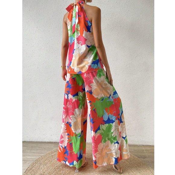 Floral Print Halter Top & Wide Leg Pants Coord Set - Picture 5 of 9